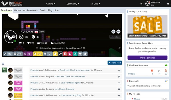 TrueSteamAchievements gamer homepage